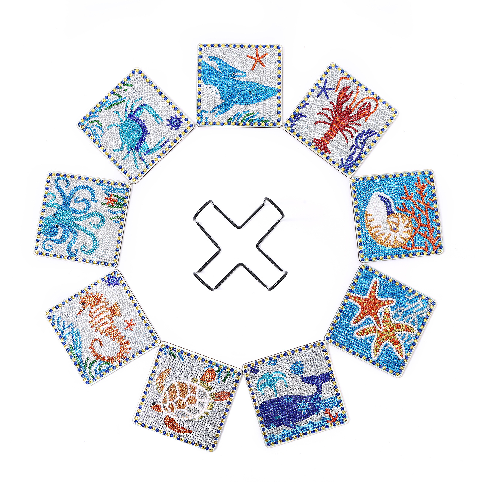 9 Pieces DIY Crystal Glitter Diamond Painted Wooden Art Coaster With
