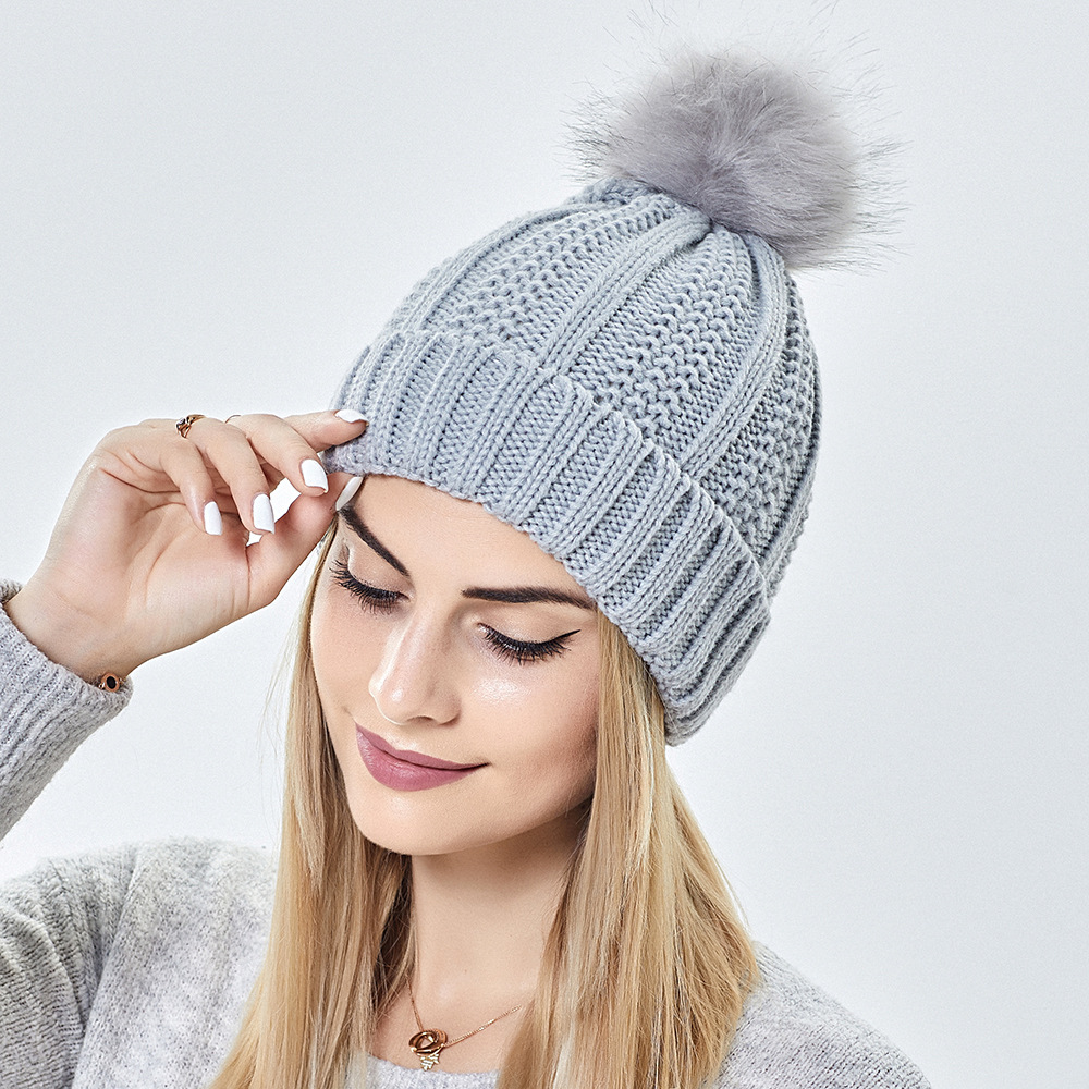 Winter Knitted Hats Fashion Stretchy Lined Skull For Women Faux Fur Pom