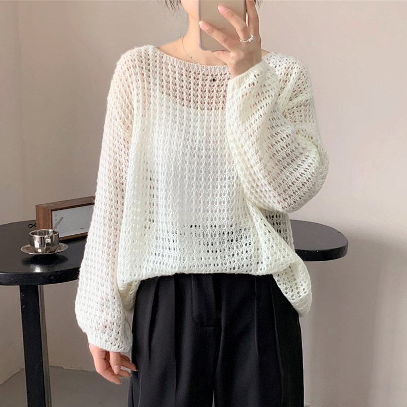 Hollow-out Long-sleeved Sweater Thin Breathable Crew Neck Pullover