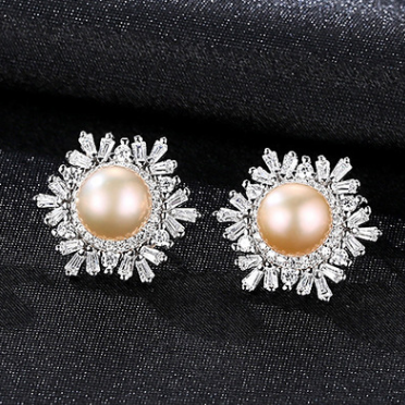 Sterling Silver Snowflake Stud Earrings Korean Gemstone Pearl Fashion