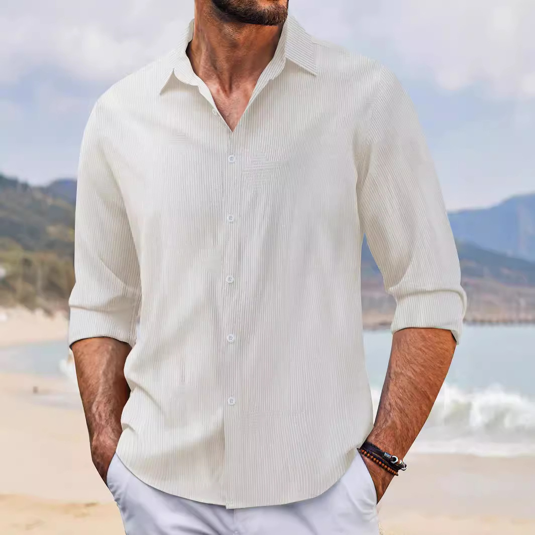 In Spring And Autumn Jacquard Casual Men's Lapel Long Sleeve Shirt
