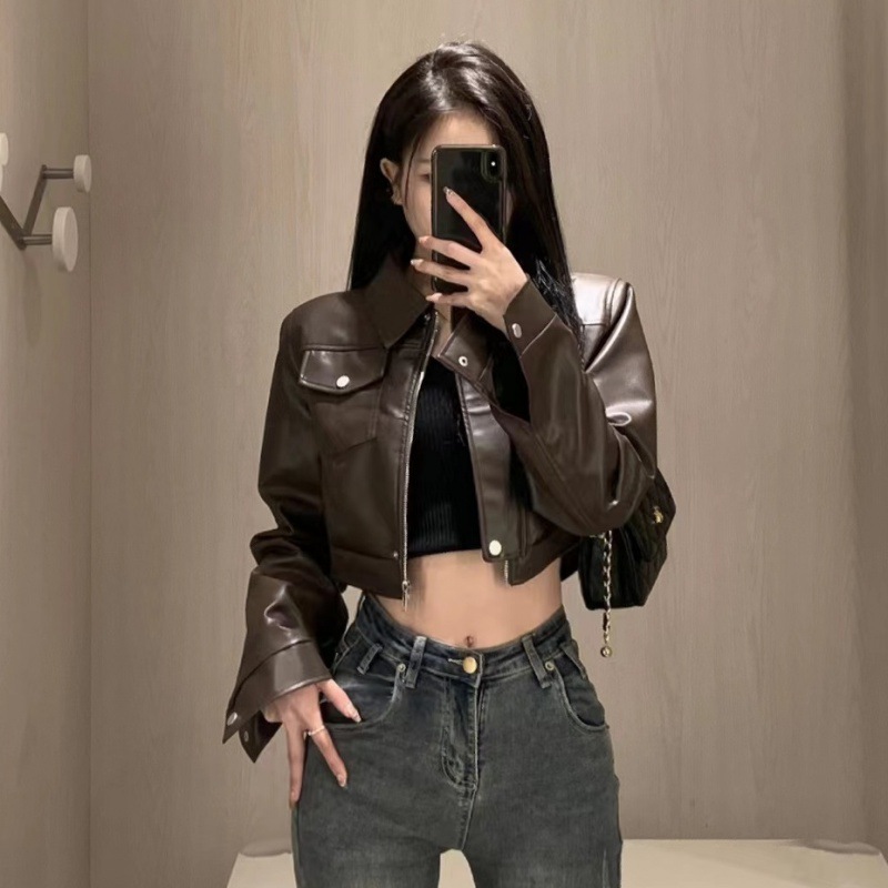 American Retro Sweet Cool Girl Style Coffee Color Leather Coat