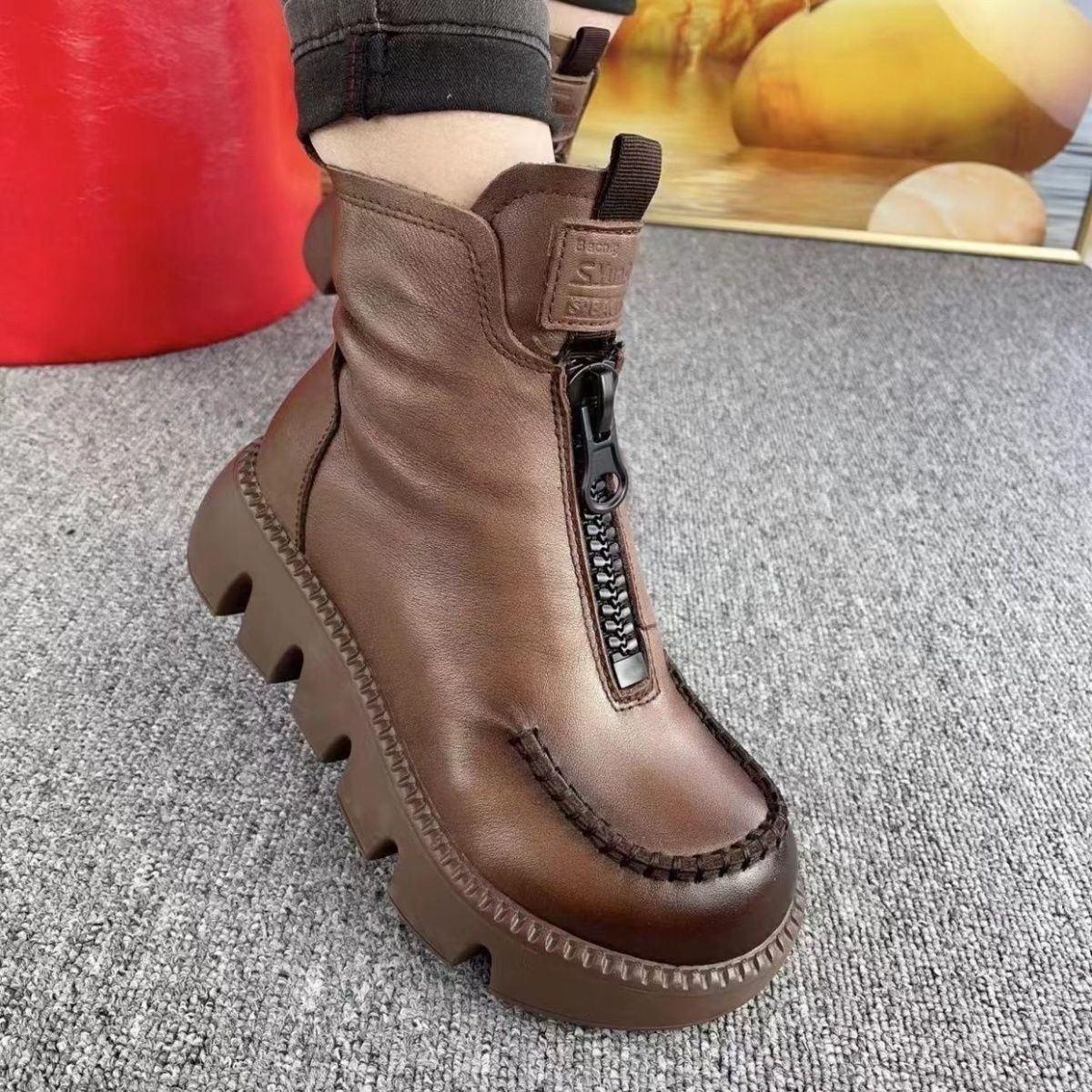 Cotton Boots Soft Full Grain Leather Retro Platform Motorcycle Muffin