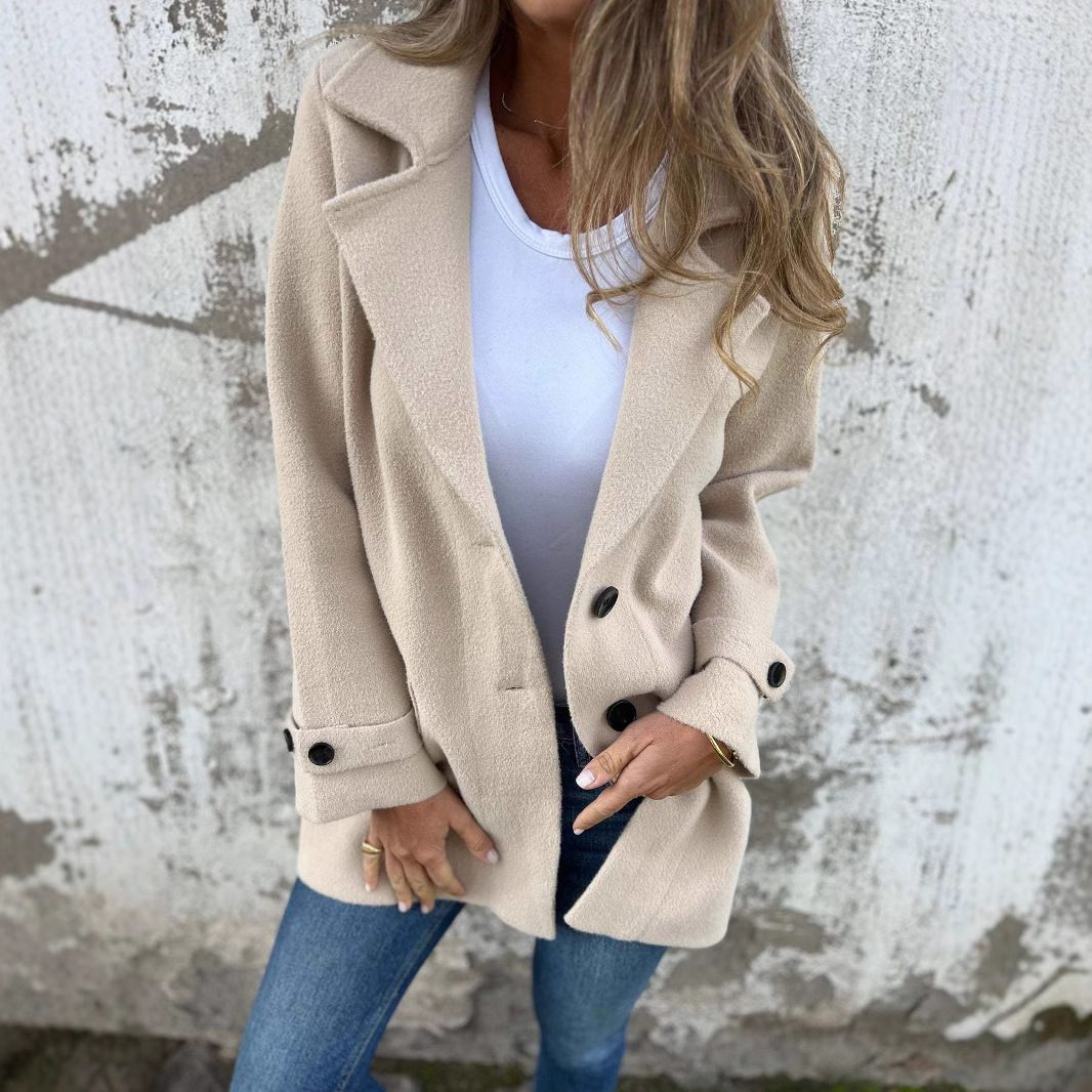 Women's Woolen Coat Casual Loose Lapels Faux Pocket Cardigan Wool