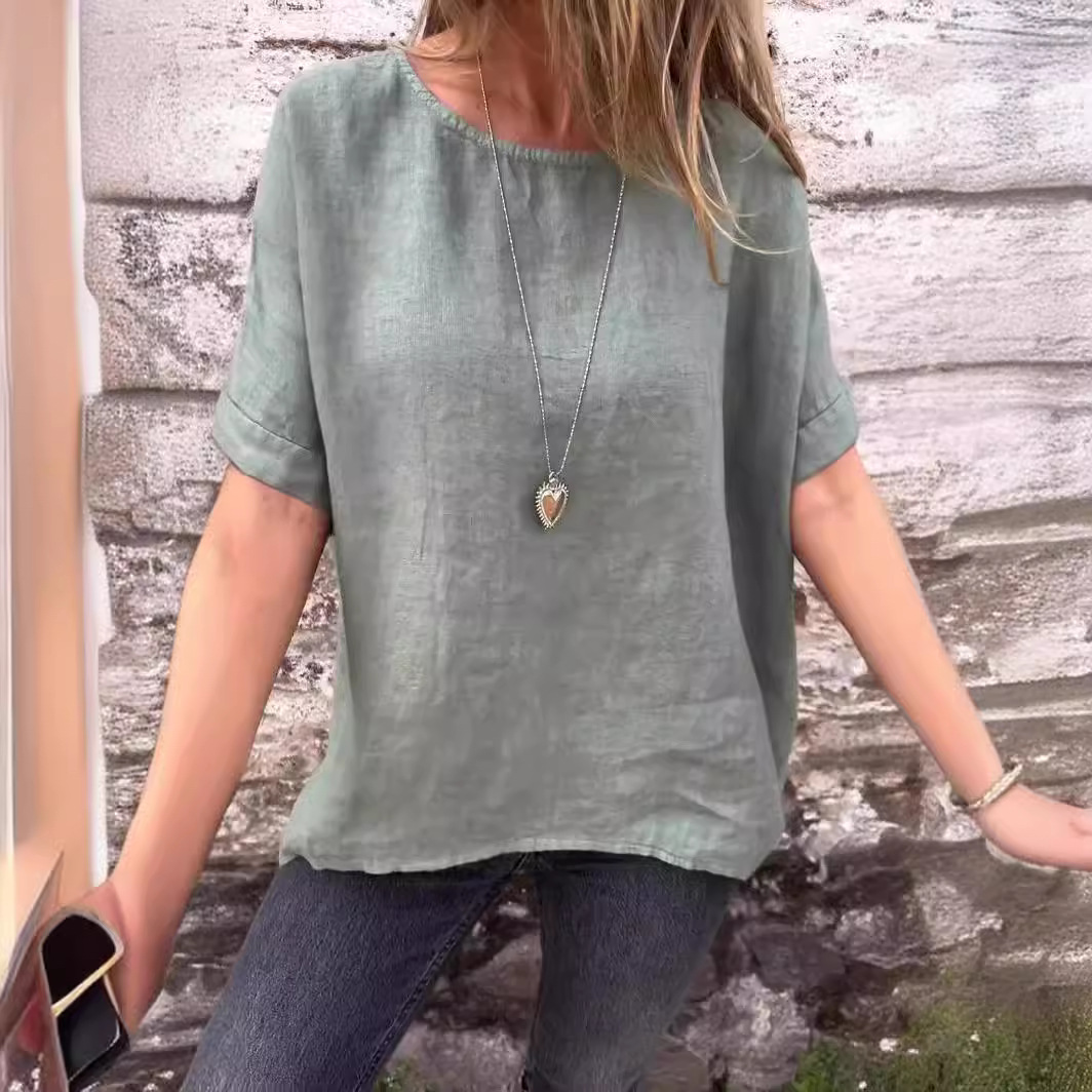 Women's Round Neck Long Sleeve Cotton And Linen Loose-fitting T-shirt