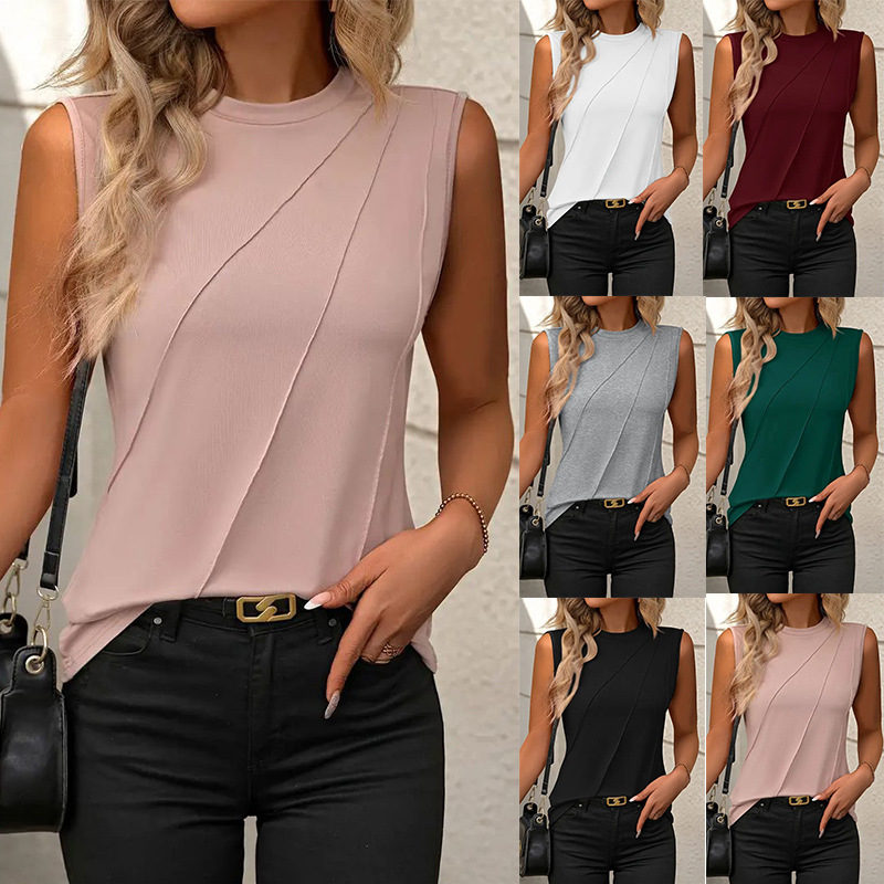 Summer Women's Solid Color Round Neck Sleeveless Loose T-shirt Shirt
