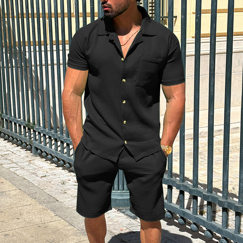 Men's Lapel Cardigan Shorts 2 Pieces Suit Summer Solid Color Vertical