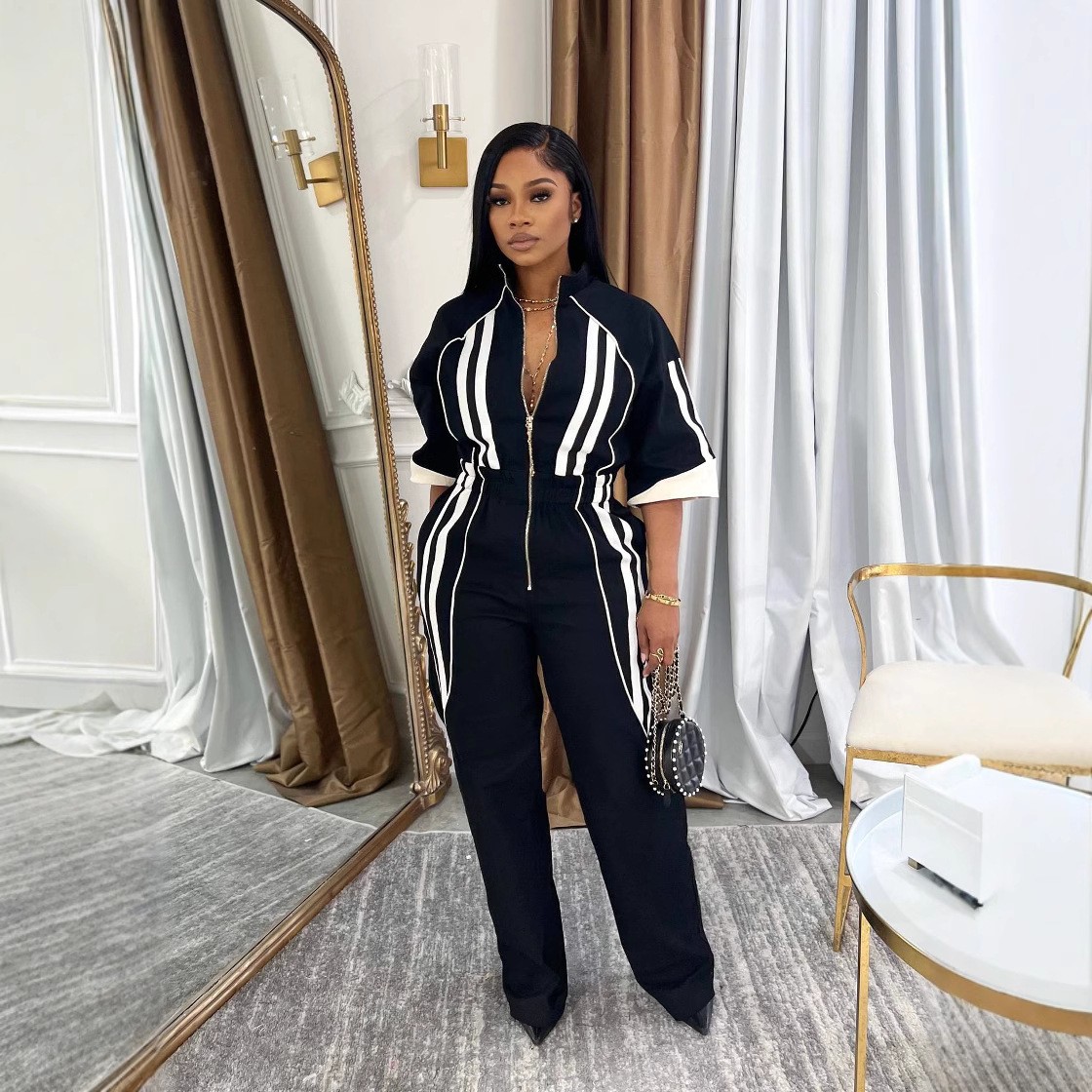 Stand Collar 7-point Sleeve Drop-shoulder Waist Long Zipper One-piece