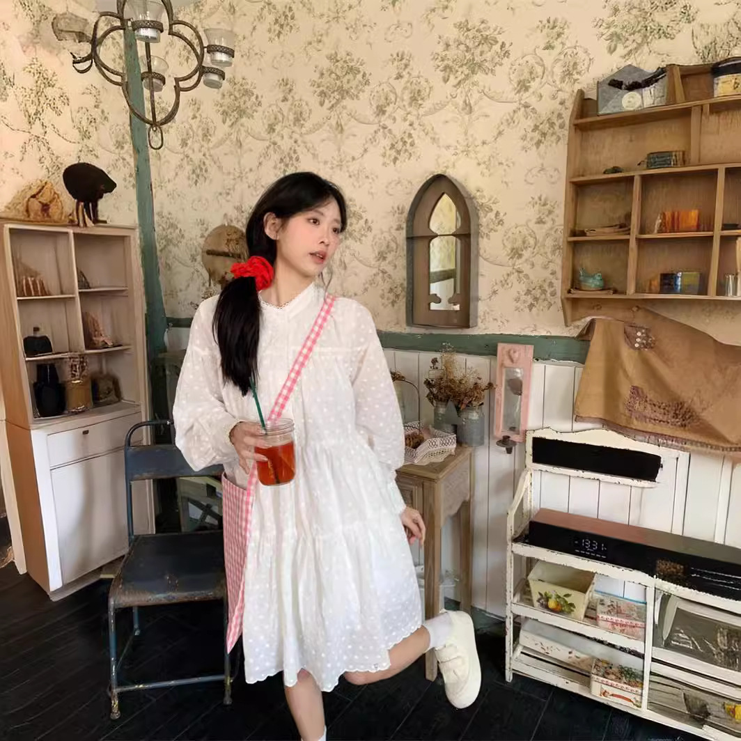 French White Embroidered Half Turtleneck Dress