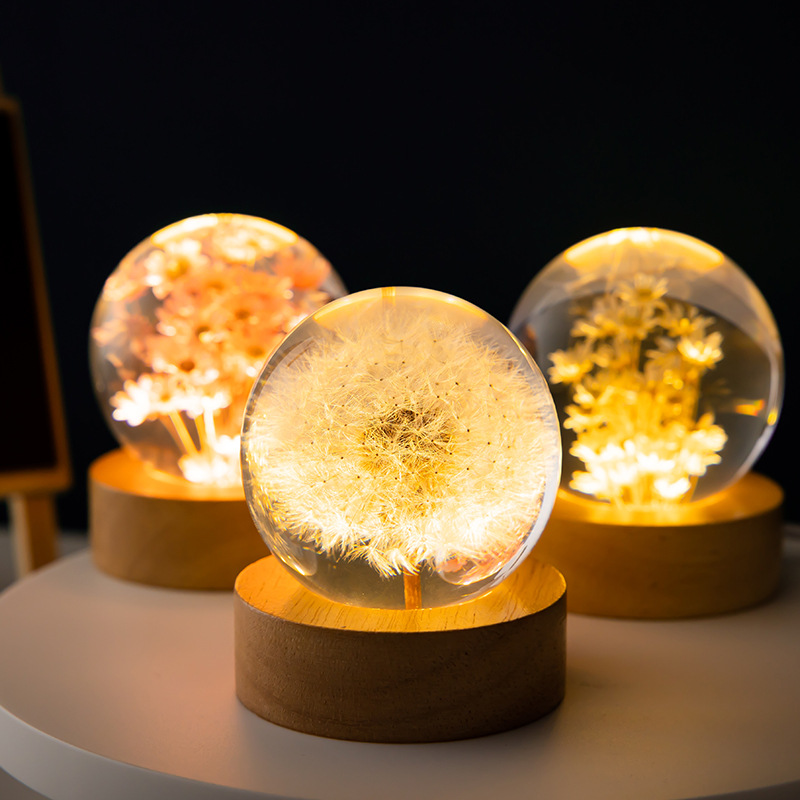Luminous 3D Dandelion Crystal Ball Beech Wood Stand Base Preserved