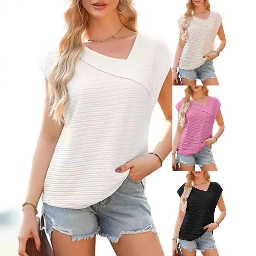 Summer Diagonal Collar Fashion Casual Short-sleeved T-shirt For Women