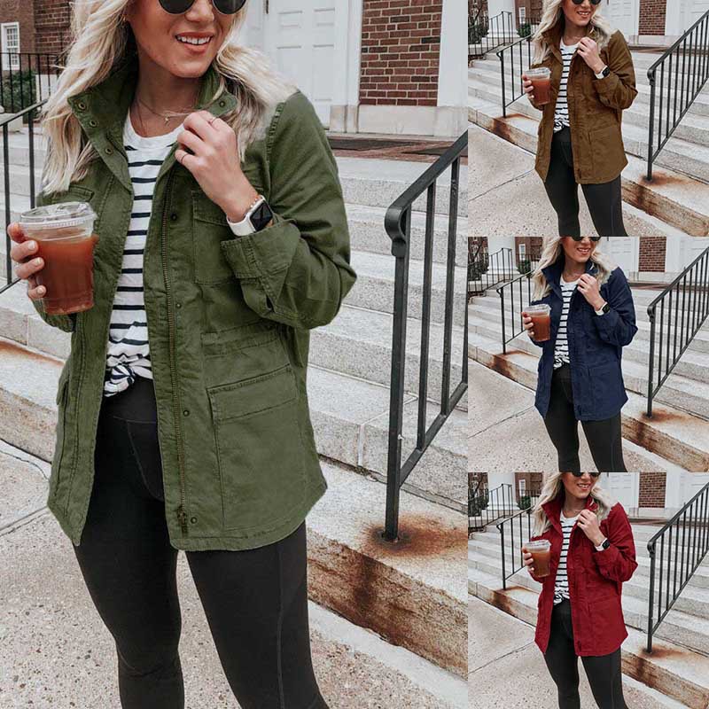 Women's Loose Solid Color Jacket Zipper Pocket Coat