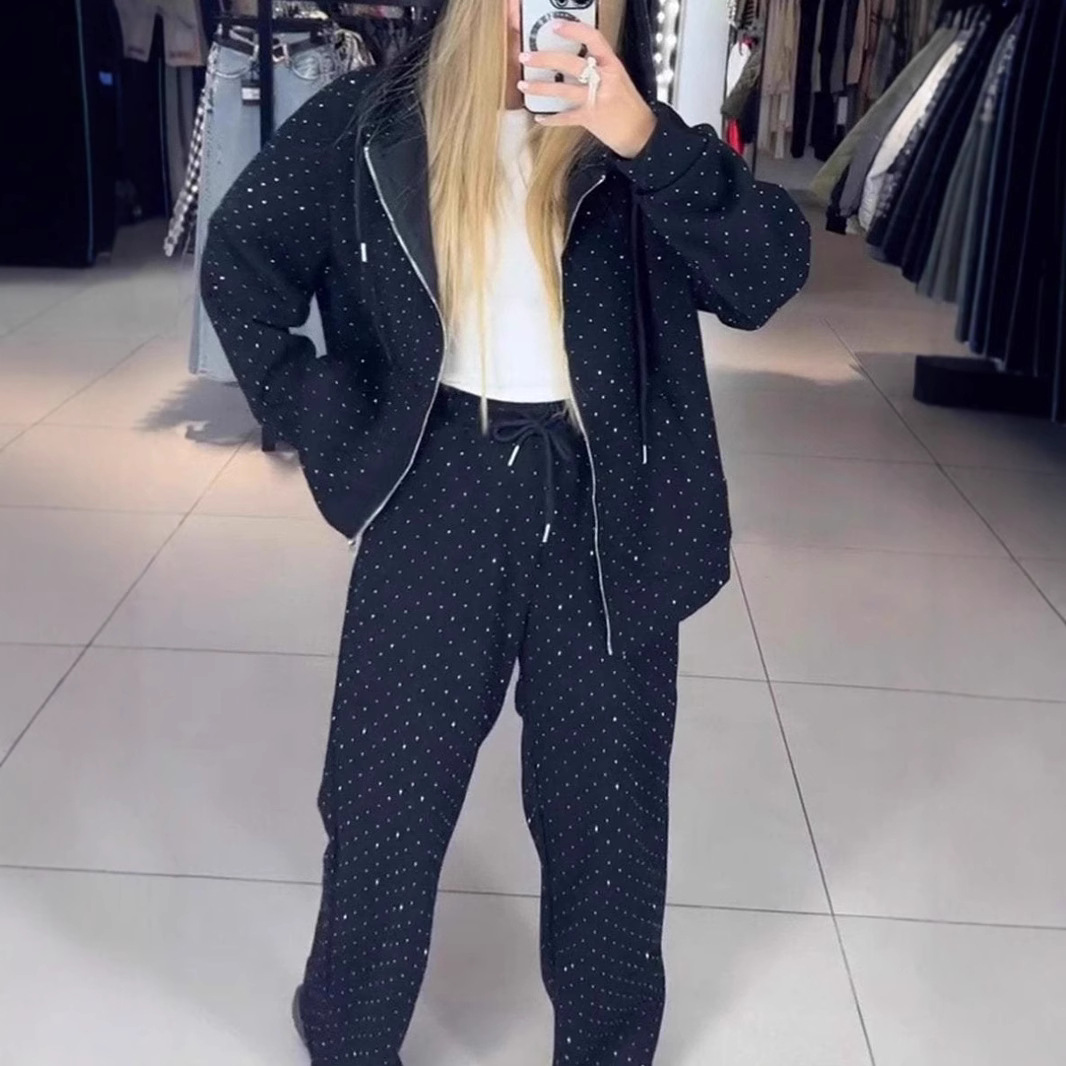 Women's Zipper Casual Hooded Sweater Full Diamond Wide-leg Pants