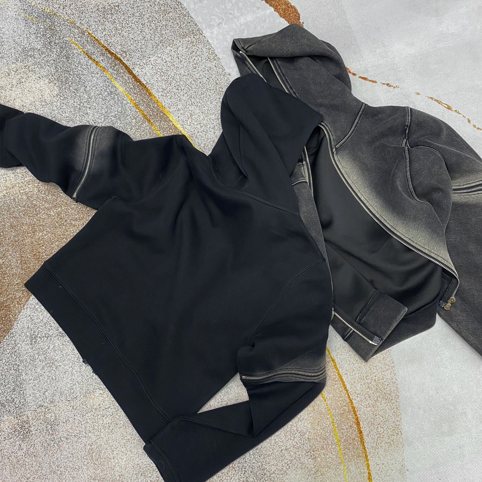 Hooded Sweater Loose Double Zipper Detachable Distressed