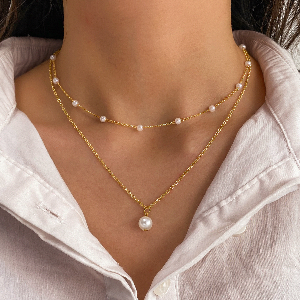 Fashion Jewelry Women's Pearl Tassel Pendant Double-layer Necklace Gold