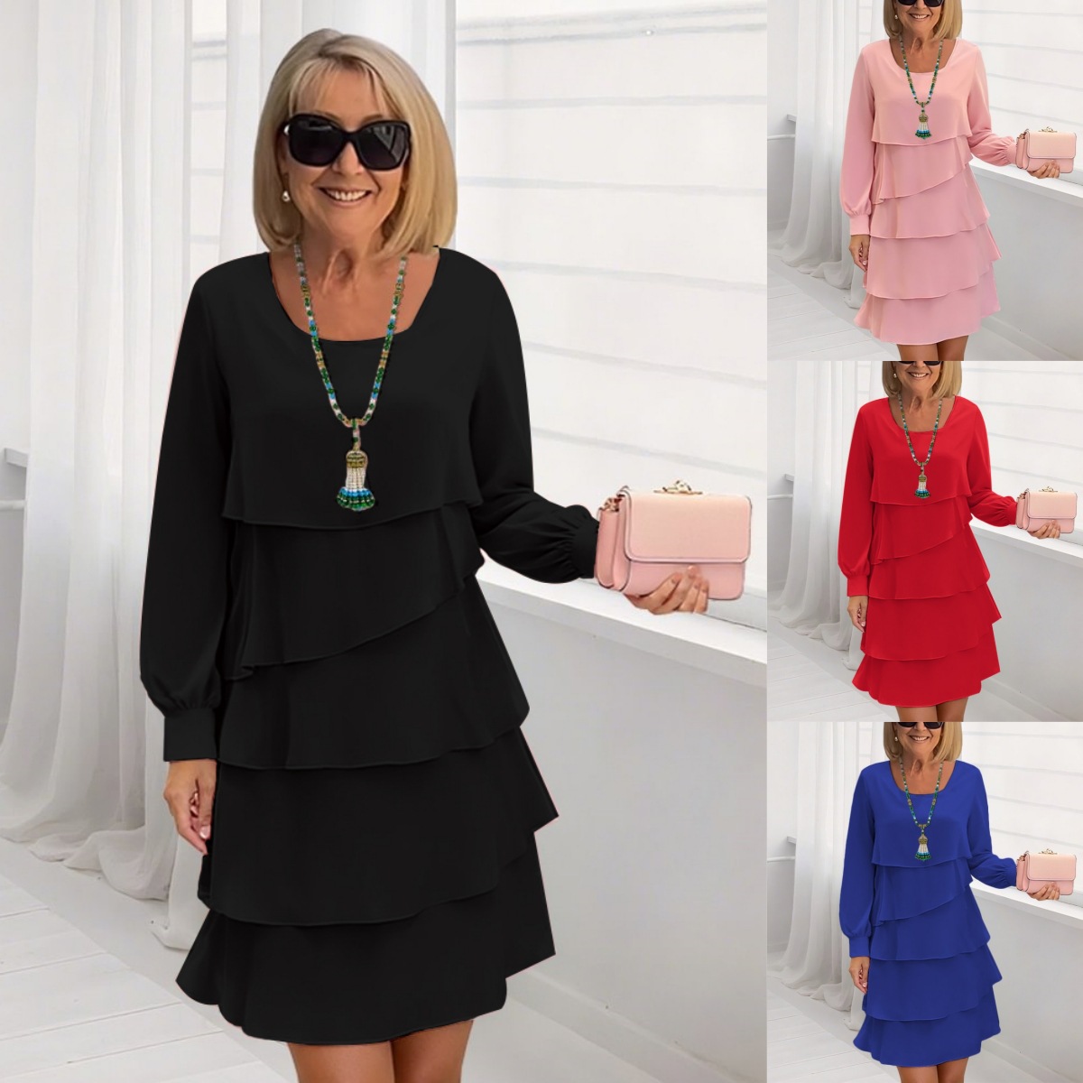 Elegant Loose Slimming Round-neck Long-sleeved Dress