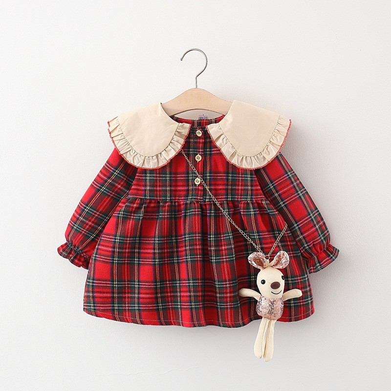 Girls' Long-sleeved Plaid Shirt With Hanging Ornaments