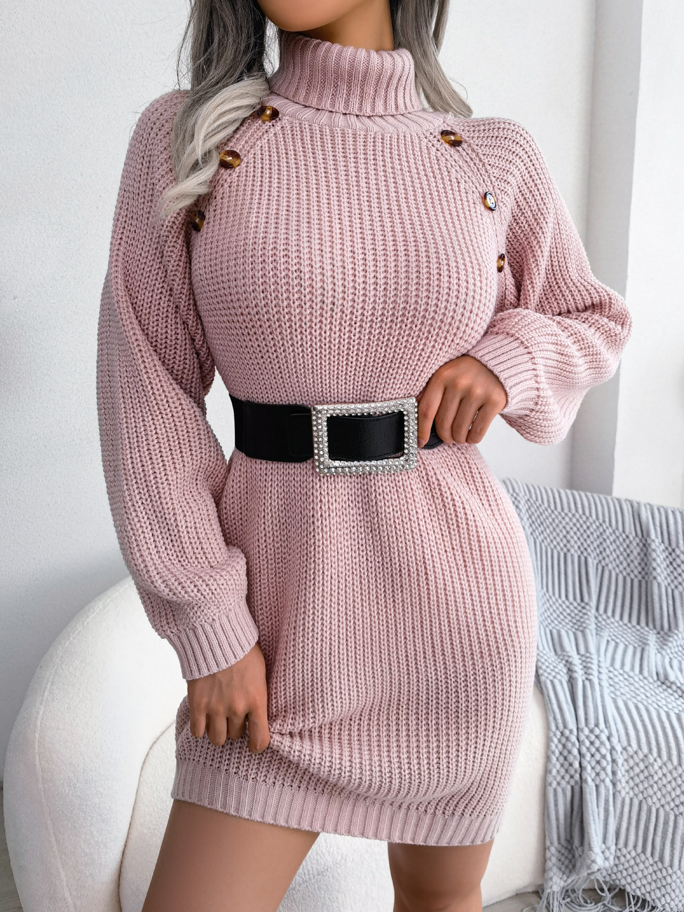 Casual Buttoned High Neck Long Sleeve Sweater Dress