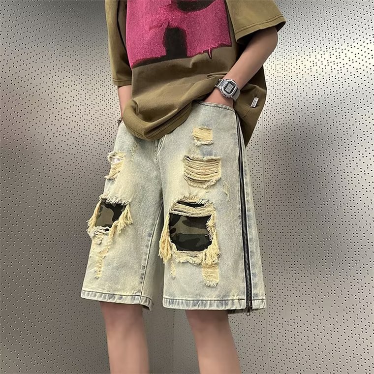 Men's Summer Ripped Camouflage Denim Shorts