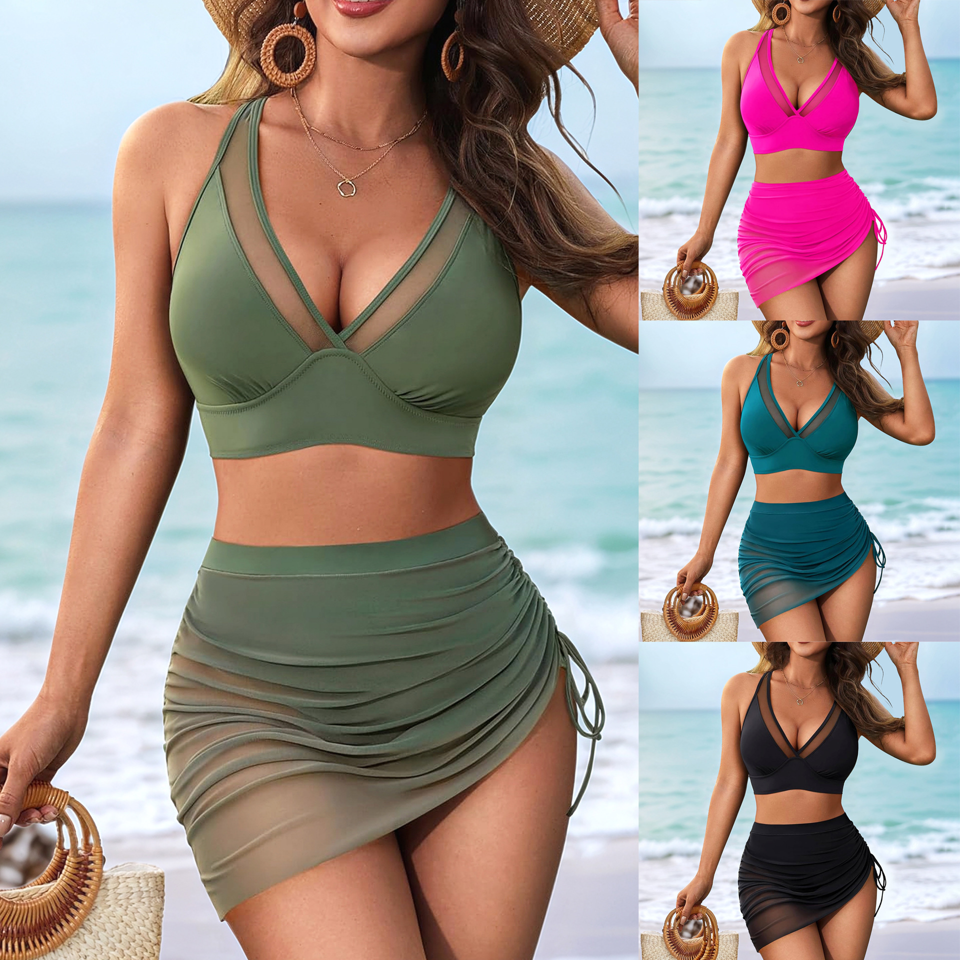 Two Piece Mesh Swimsuit Fashion Solid Color Stitching Drawstring