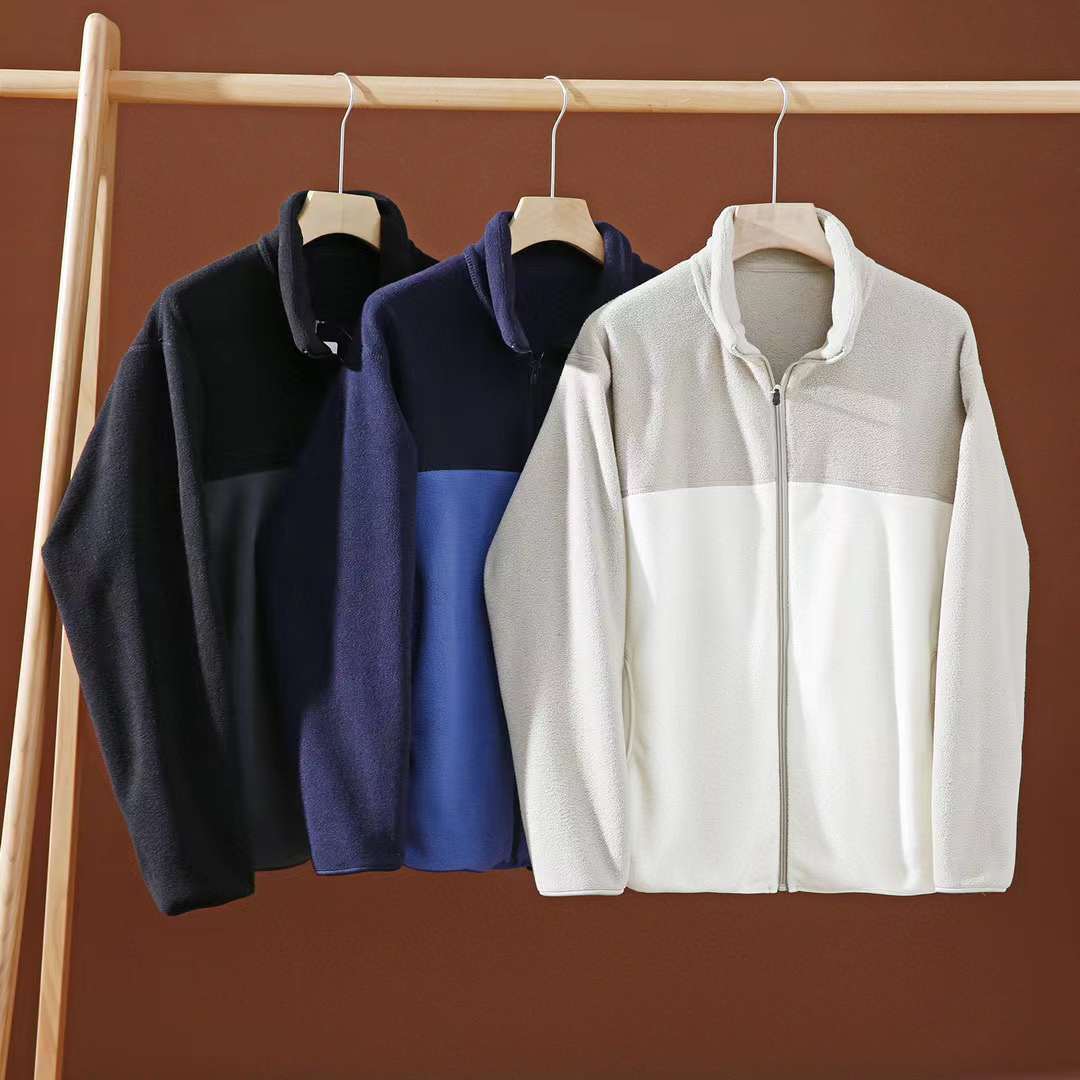 Polar Fleece Zipper Jacket Sweater Coat Color Contrast Patchwork