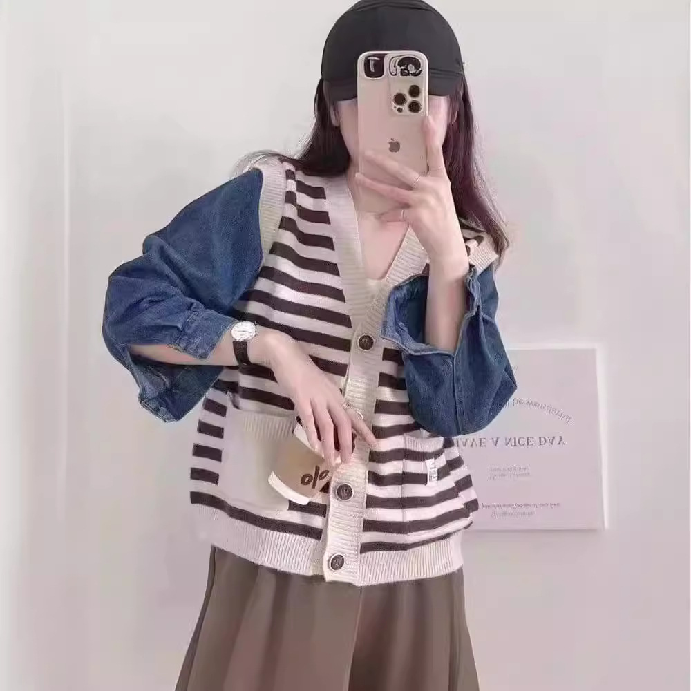 False Two-piece Patchwork Denim Sweater Coat Loose V-neck Striped