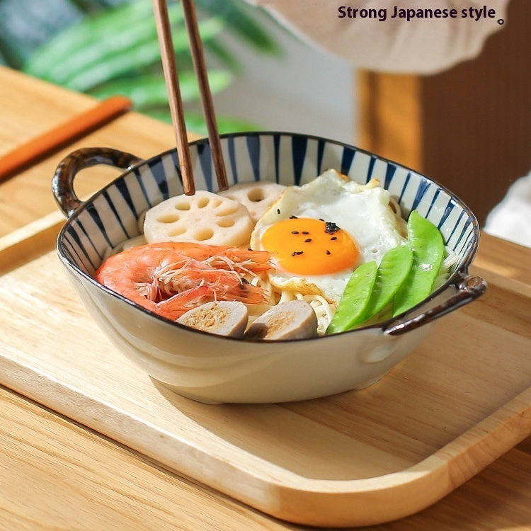 New Homehold Ceramic Large Bowl Ramen Handle Soup Plate Tableware