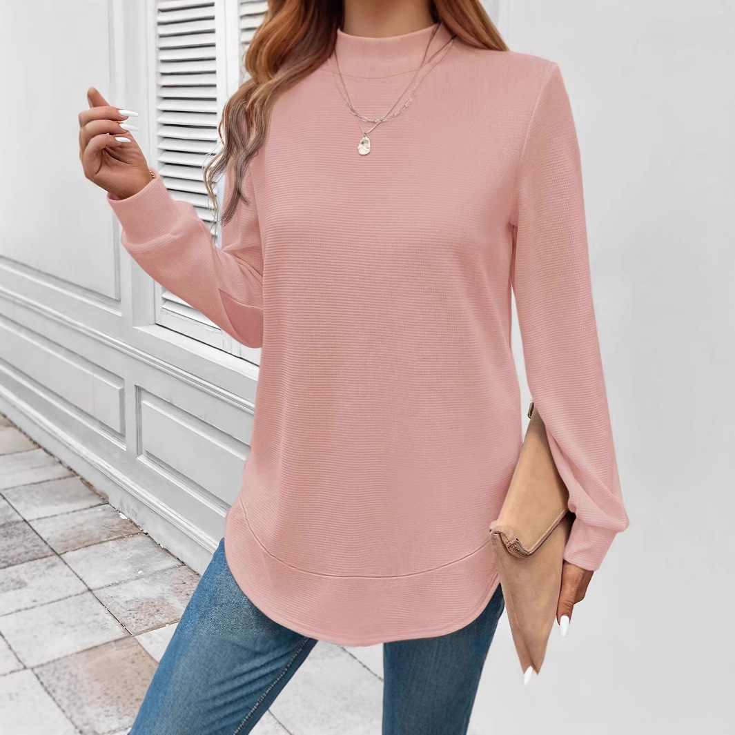 Round Neck Long Sleeve Solid Color Top Waffle T-shirt For Women