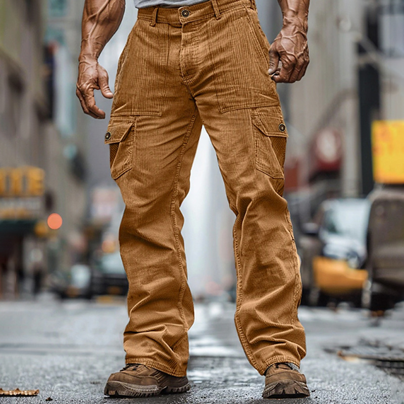 Corduroy Wear-resistant Casual Elastic Waist Multi-pocket Pure Color