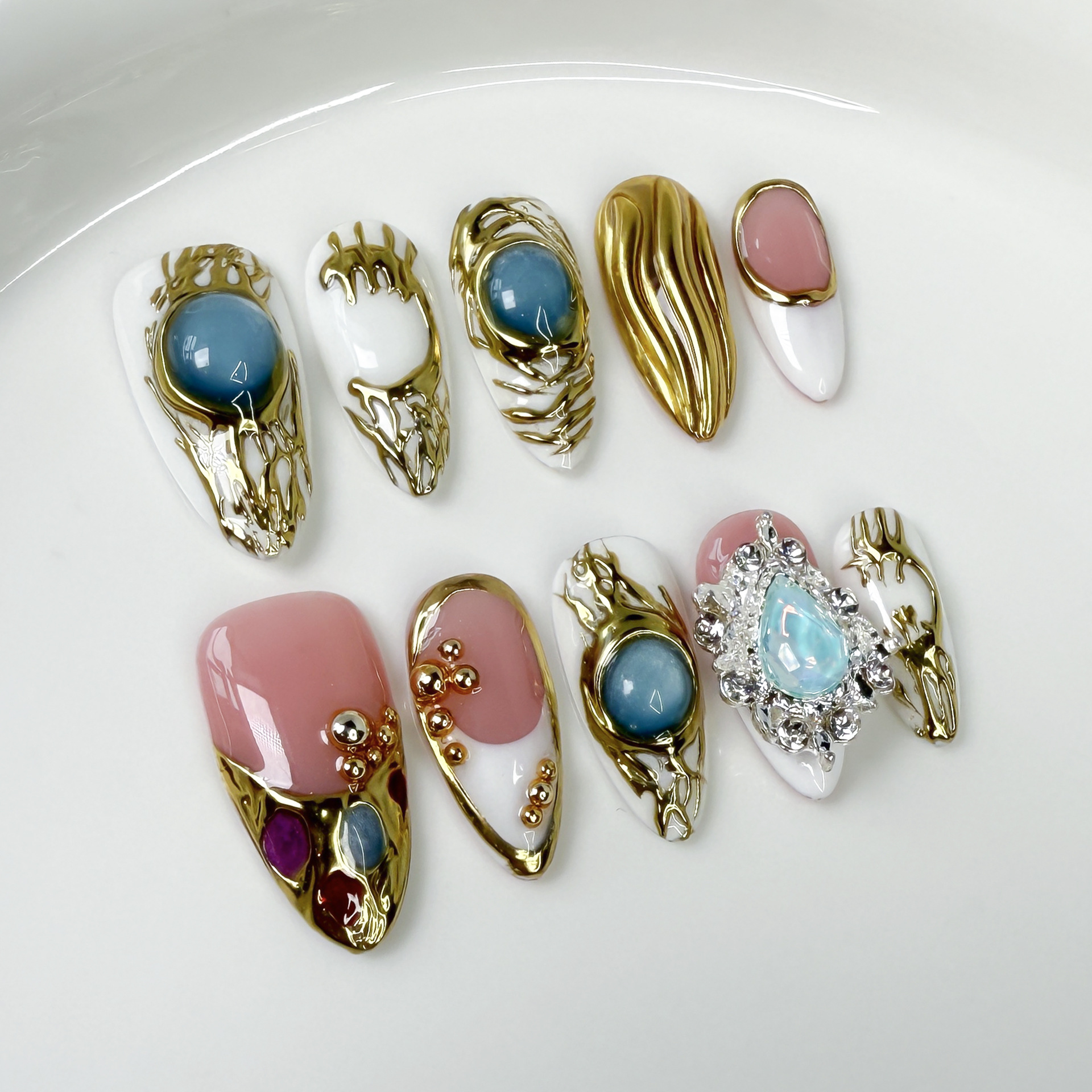 Metal Relief Almond Nail Art Ice Transparent French Pure Desire Heavy