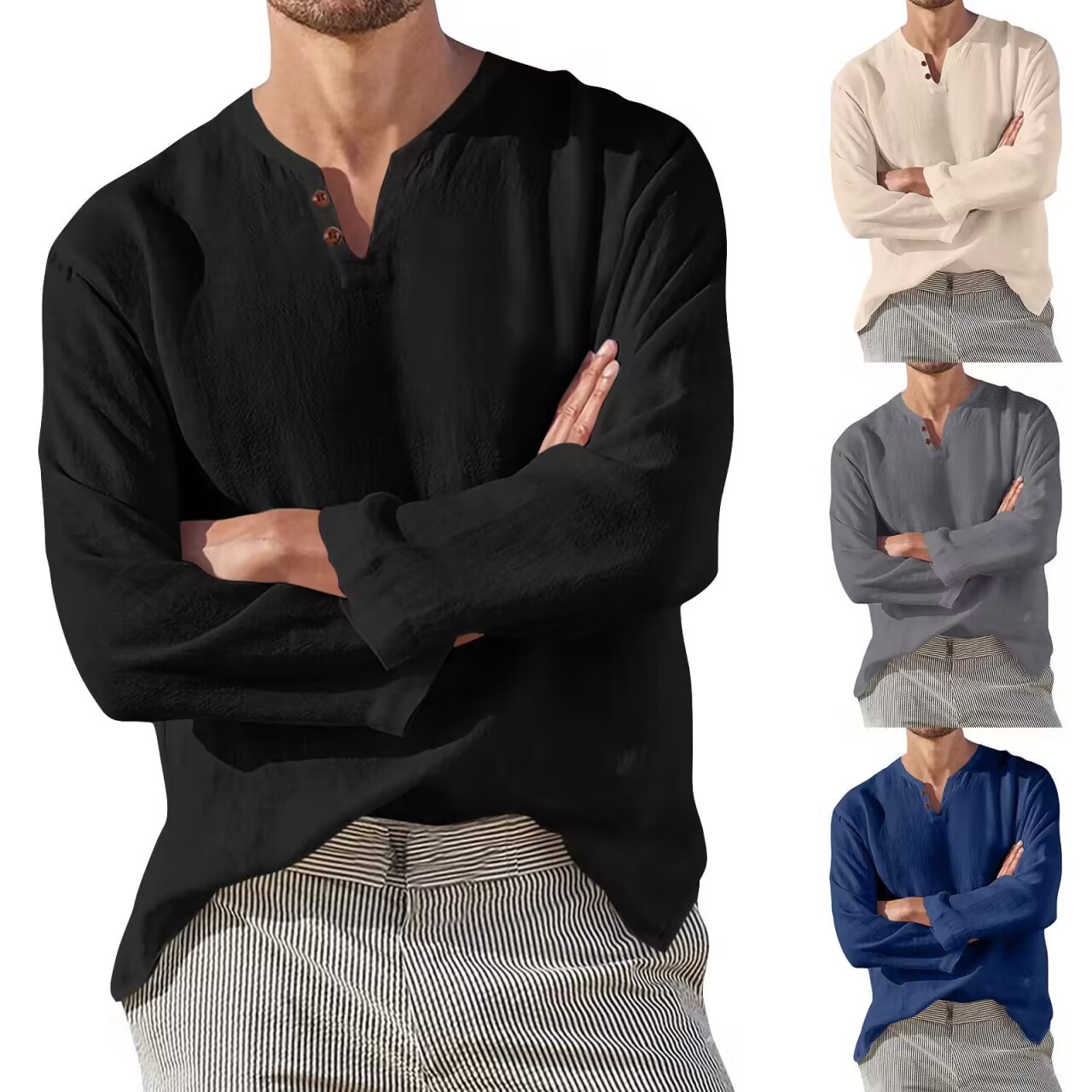 Cotton Linen Men's Long Sleeve V-neck Casual Beach Shirt Fashion Leisure