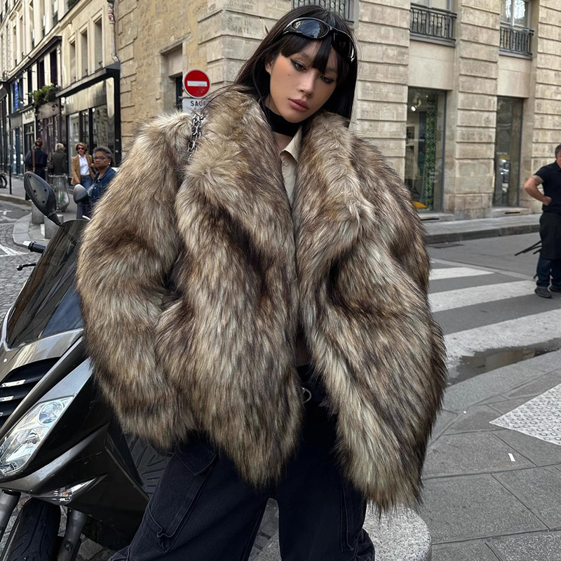Women's Fur Coat Raccoon Brown Lapel Warm Furry European And American
