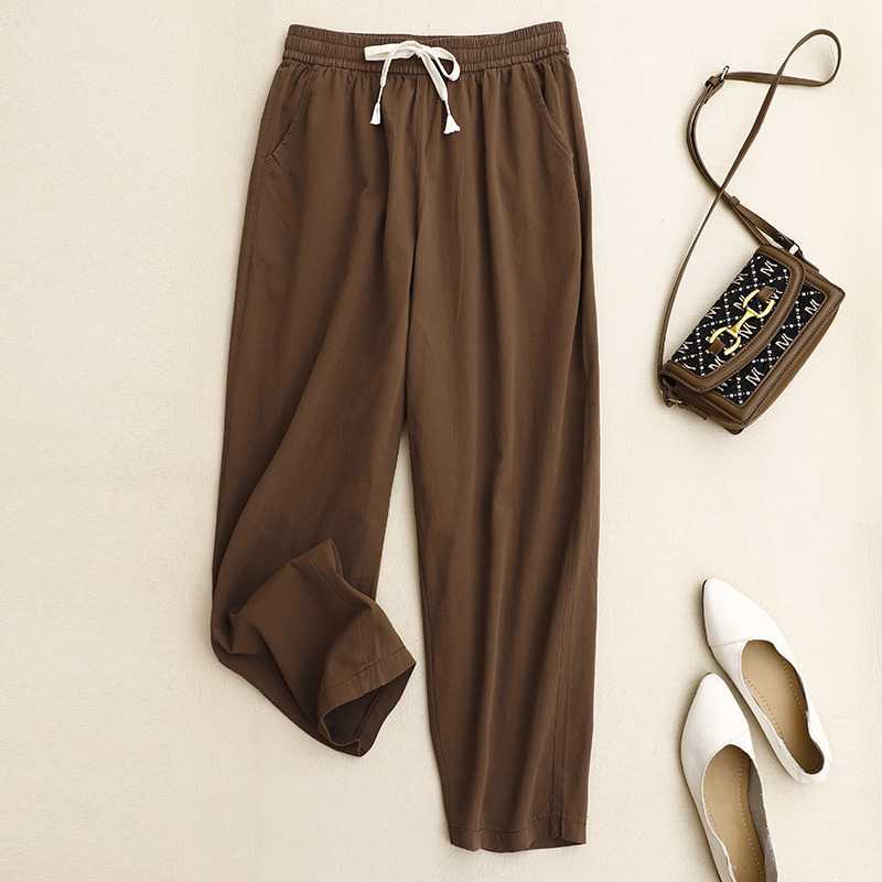 Pure Cotton Casual Pants Simple Tapered Cropped Mid Waist