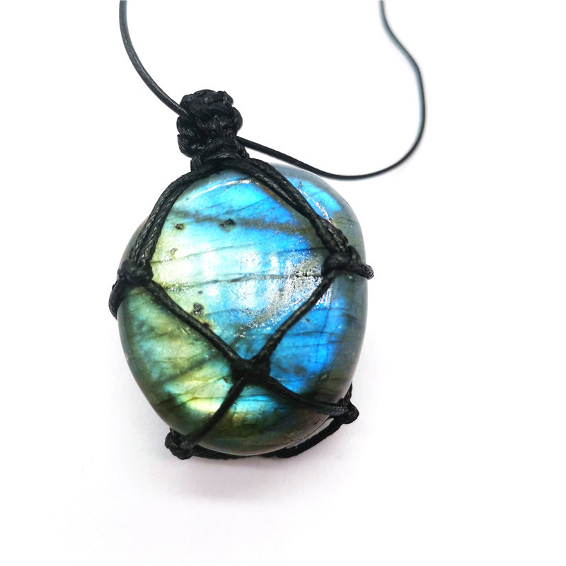Natural Moonstone Labradorite Rough Stone Pendant Necklace Hand-woven