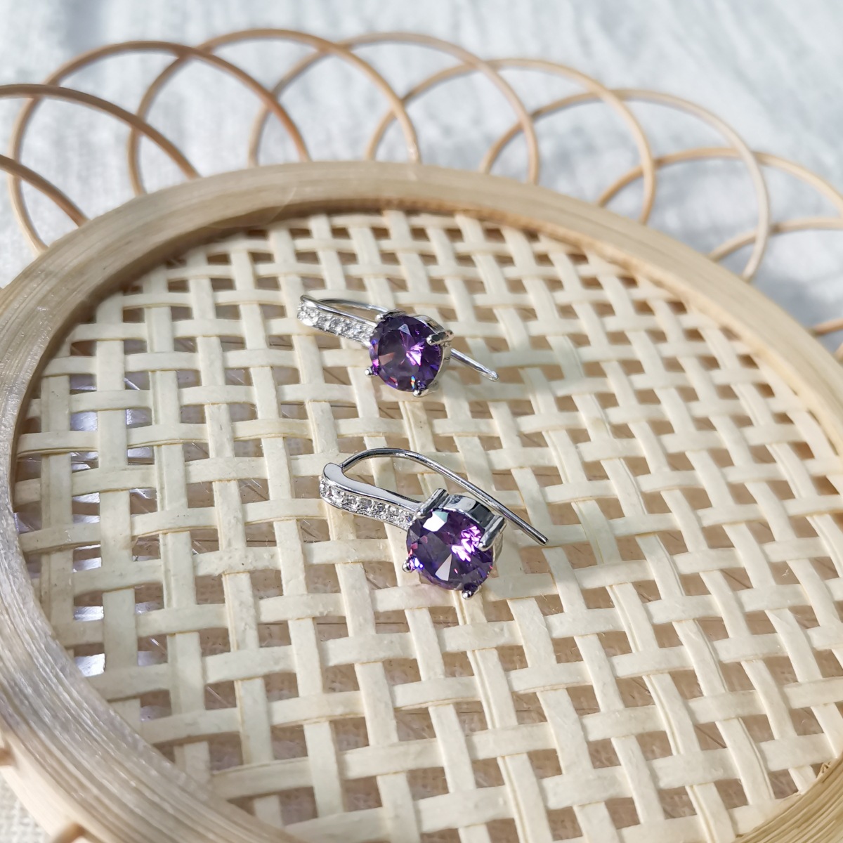 Sterling Silver Needle Ear Hook Diamond Four-claw Gem Purple