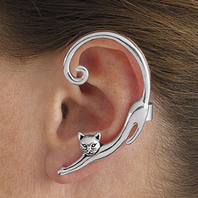 Single Piece Punk Style Cat Post Earring With Ear Cuff Rock Animal Black