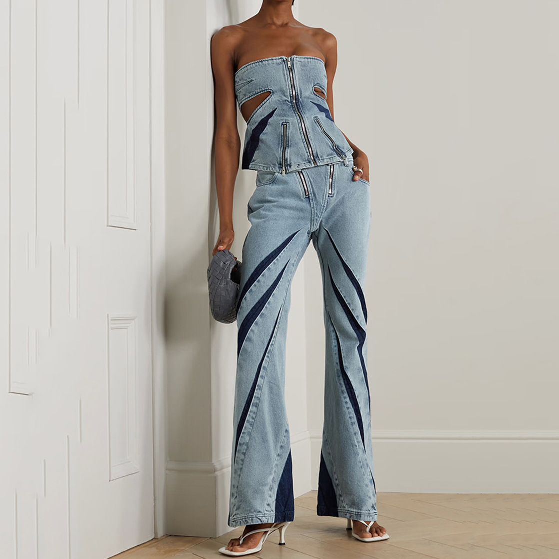 Color Contrast Patchwork Tube Top Three-dimensional Elastic Washed Jeans