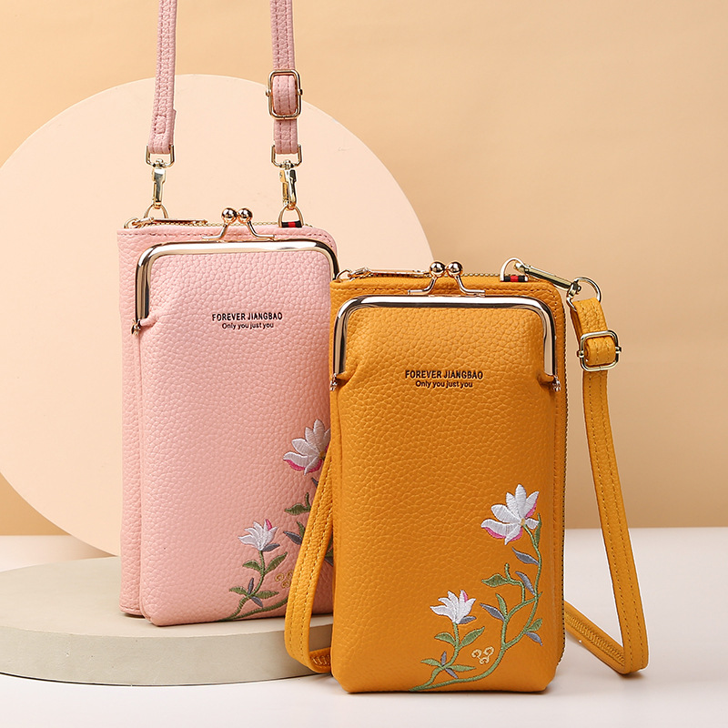 Flower Embroidery Phone Bag With Lock Buckle Outdoor Long Wallet Fashion