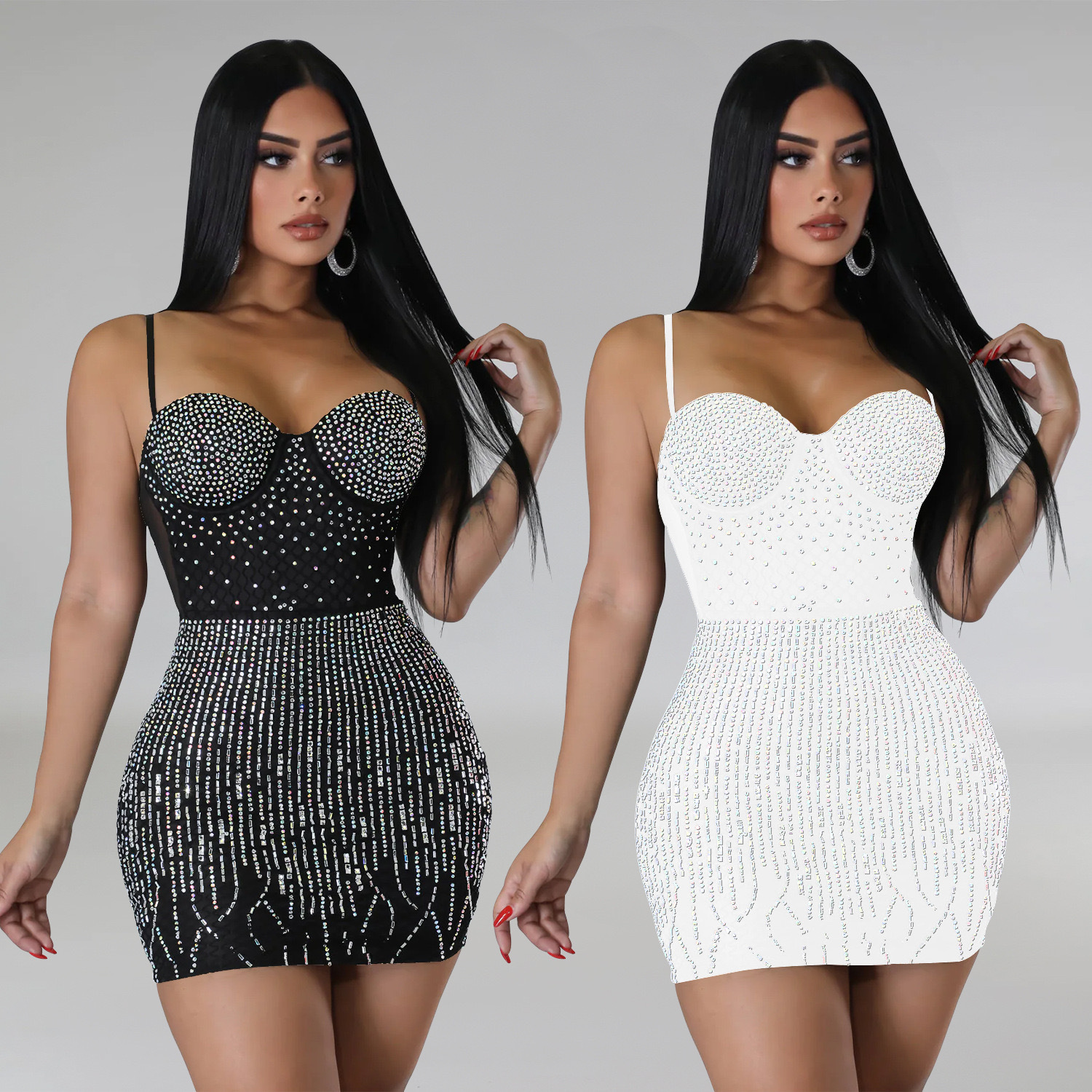 Fashion Women's Wear Mesh Rhinestone Hip Skirt Solid Color Sleeveless