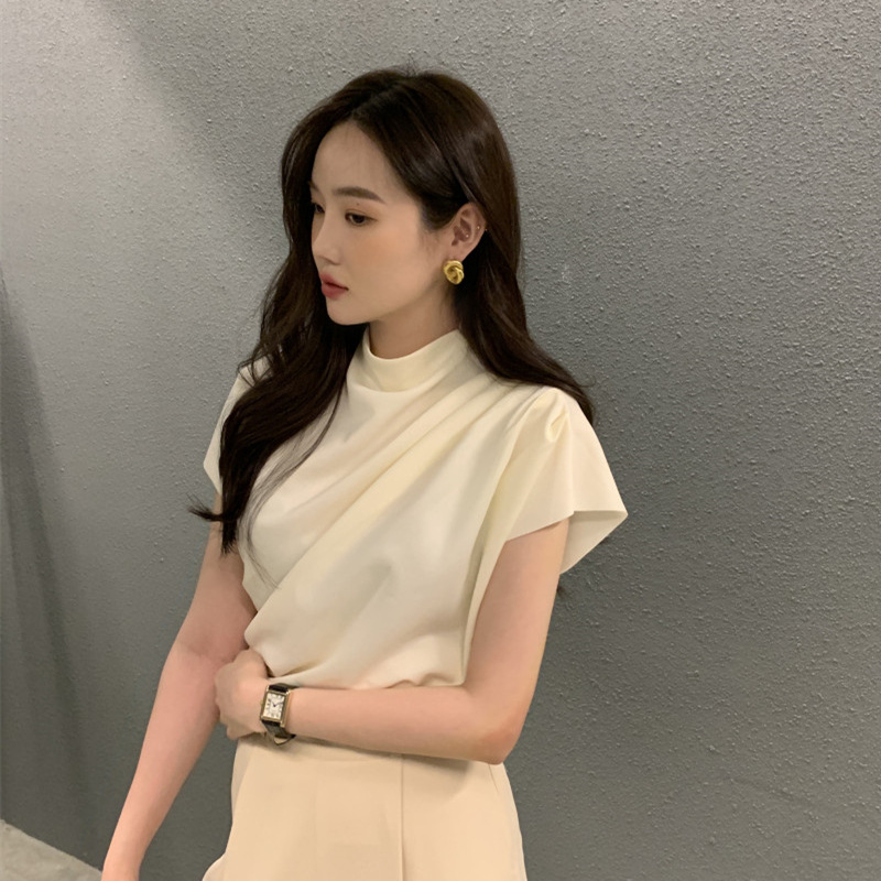 Women's Stand Collar Oblique Pleated Shirt Top