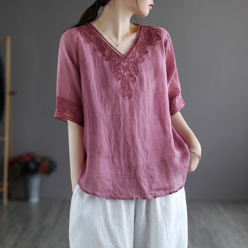 Women's Fashion Retro Cotton And Linen Embroidered V-neck Short-sleeved