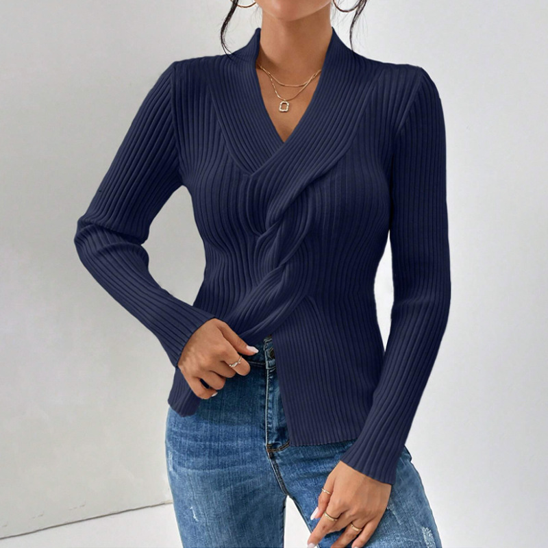 Women's Knitwear Thread Slit Hemline At Hem Long Sleeve Solid Color Slim