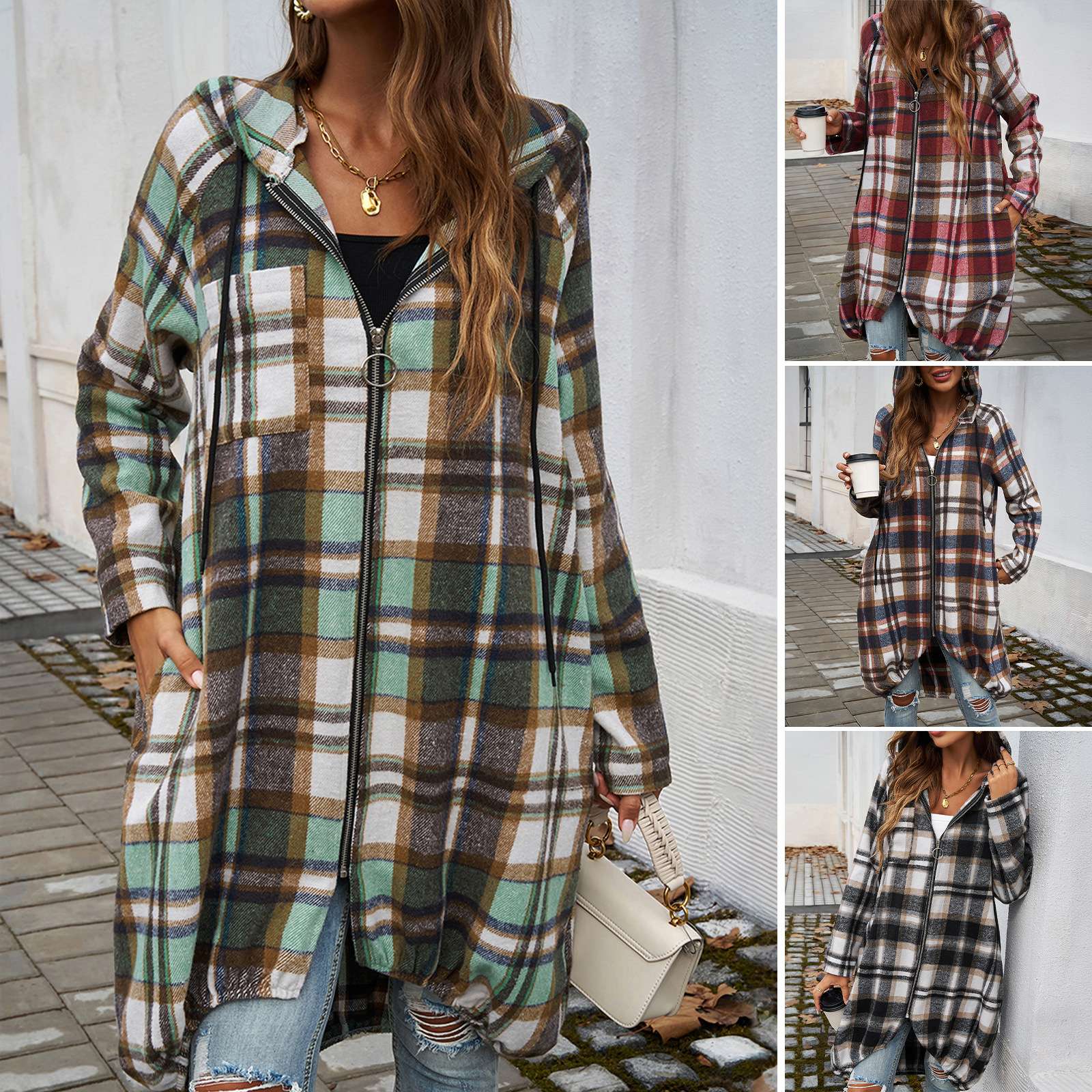 European And American Autumn Winter Leisure Loose Contrast Color Hooded