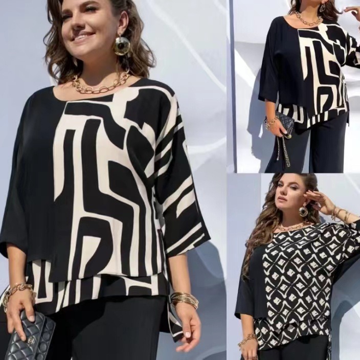 Summer Retro Printed Women's Half Sleeve Loose Crew Neck Top