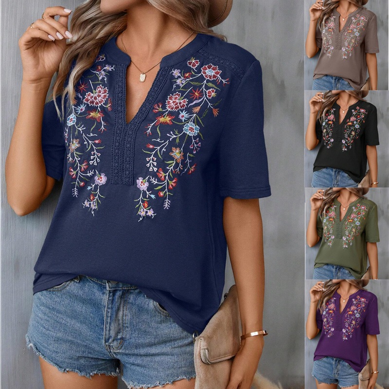 Fashion Flowers Embroidery Short Sleeve T-shirt Summer Stitching