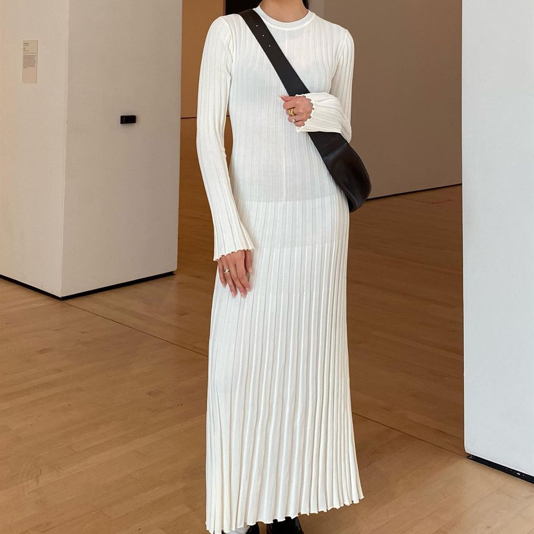 Knitted Dress Waist-tight Round Neck Women