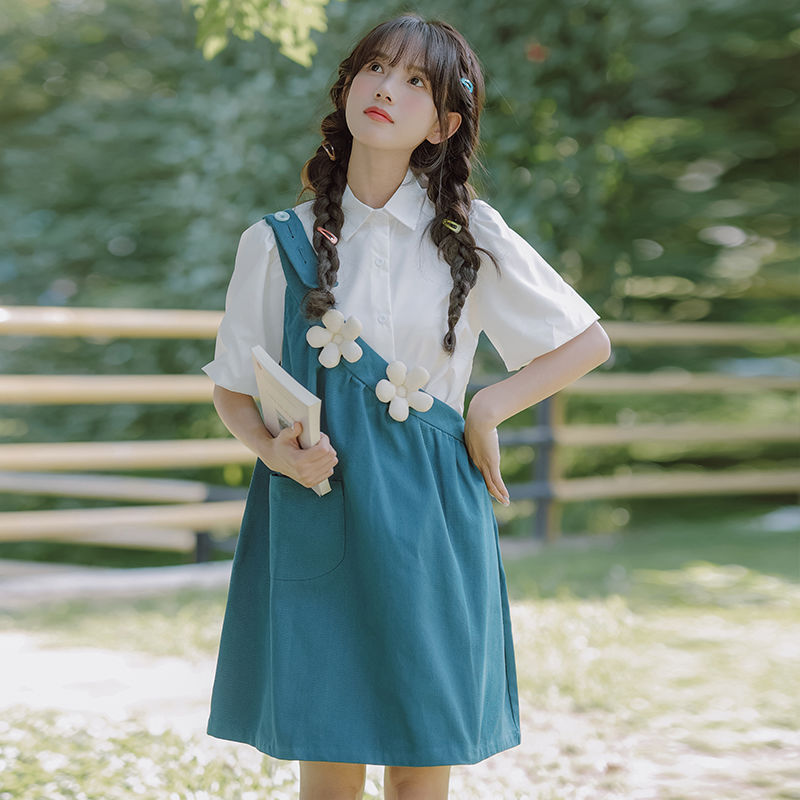 Loose Suspender Skirt Stand Collar Short Sleeve Shirt Two-piece Set