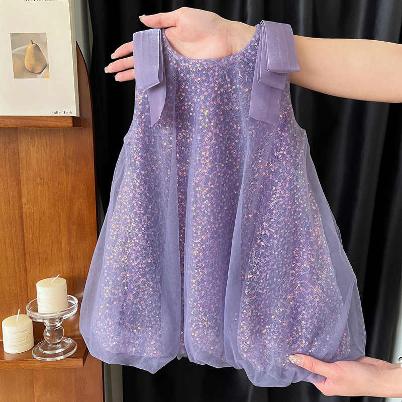 Summer Girl Sleeveless Western Style Fashionable Sequins Gauze Bud Dress
