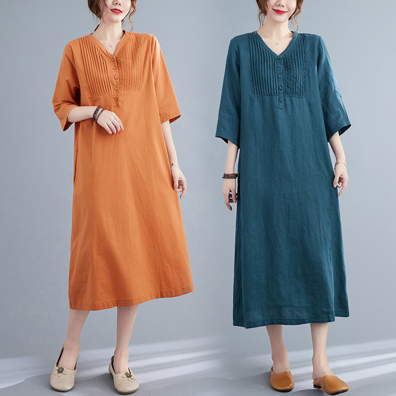Artistic Loose Solid Color Cotton And Linen V-neck Half-length Sleeve